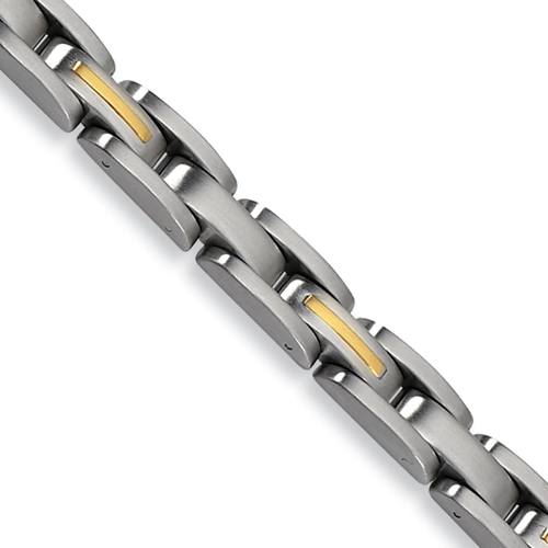 14k Gold Inlay Stainless Steel Link Bracelet 8in