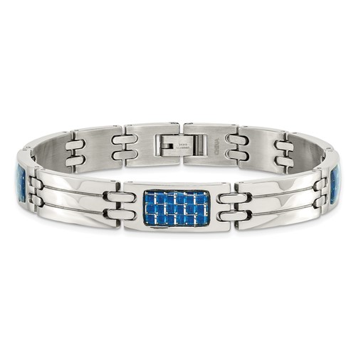Stainless Steel 8 1/2in Blue Carbon Fiber Inlay Bracelet