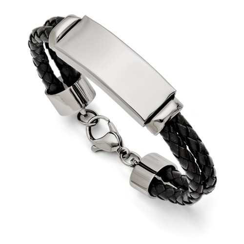 Stainless Steel and Black Woven Leather ID Bracelet 8.25in