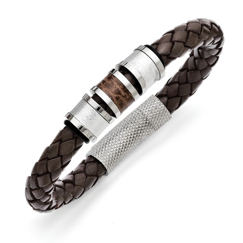 Stainless Steel Brown Leather Bracelet with Barrel Accents 8.25in
