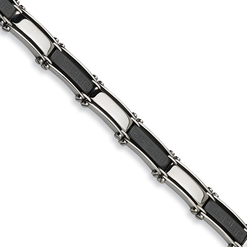 Stainless Steel Black Rubber Bracelet with Greek Key Design 8.5in
