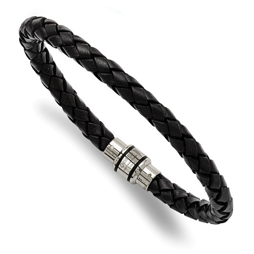 Stainless Steel Black Braided Leather Bracelet with Magnetic Clasp 9in