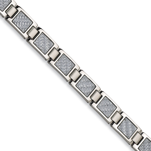 Stainless Steel Bracelet with Gray Carbon Fiber Accents 8.5in