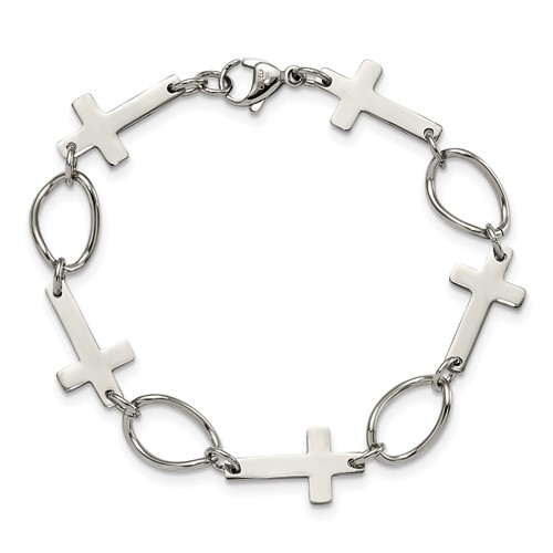Stainless Steel 7 3/4in Polished Cross Link Bracelet