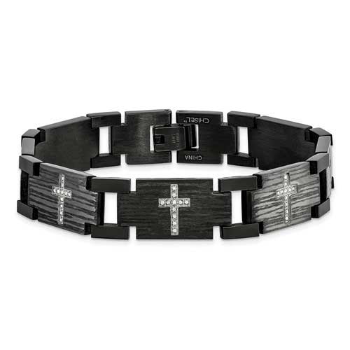 Black Plated Stainless Steel 1/4 ct tw Diamond Cross Bracelet 8.5in