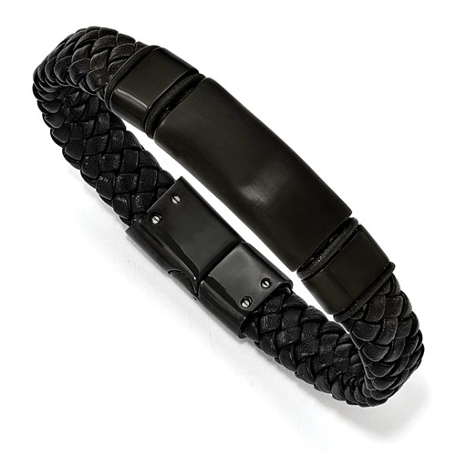 Stainless Steel Brushed Black Braided Leather Bracelet 8.25in