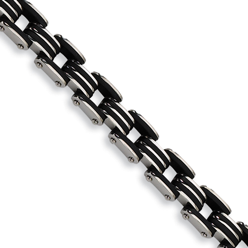 Stainless Steel Black Rubber Fold-over Bracelet 8.5in