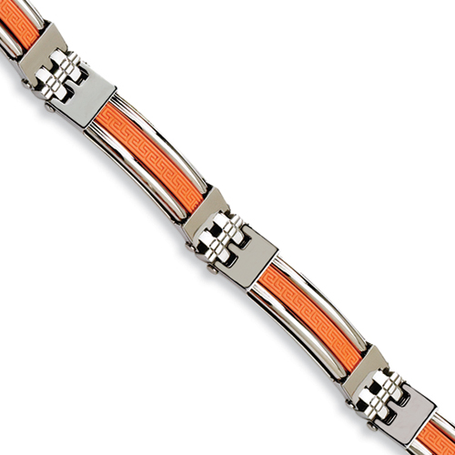 Stainless Steel 9in Orange Rubber Greek Key Bracelet