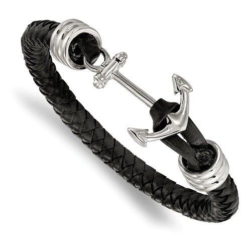 Stainless Steel Anchor Black Leather Bracelet 8.5in