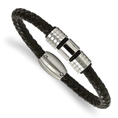 Black Leather Bracelet Stainless Steel Grooved Barrel Accents 8.5in