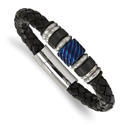 Black Leather Bracelet Stainless Steel Blue and Black Accents 8.5in