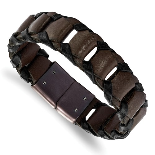 Brown-plated Stainless Steel Dark Brown Leather Bracelet 8.25in