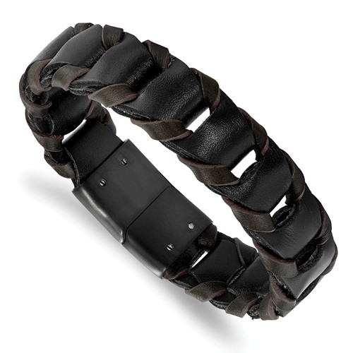 Black-plated Stainless Steel Black Dark Brown Leather Bracelet 8.25in