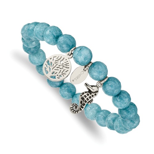 Stainless Steel Seahorse Blue Dyed Jade Stretch Bracelet