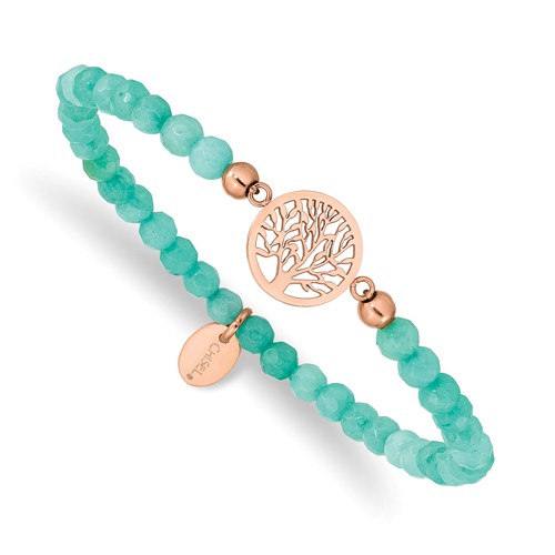 Rose Plated Stainless Steel Tree Of Life Mint Jade Stretch Bracelet