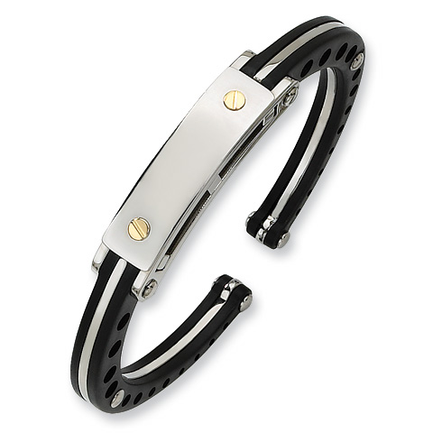 Stainless Steel Black PVC 18k Gold Accent Hinged Bangle