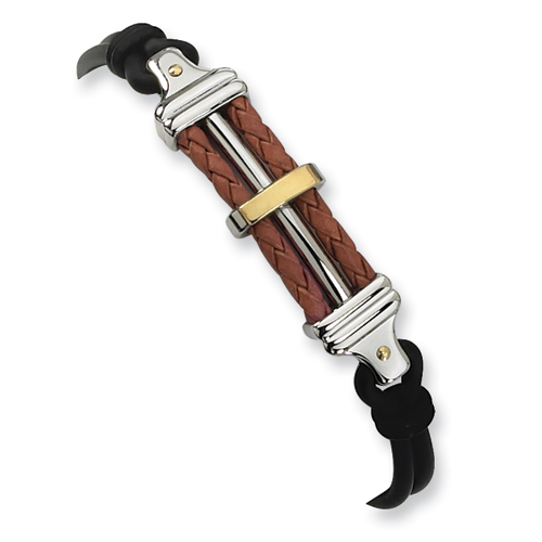 8 1/4in Stainless Steel Leather Rubber 18k Gold Accent Bracelet