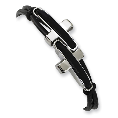 Stainless Steel Black Leather Bracelet 8.25in