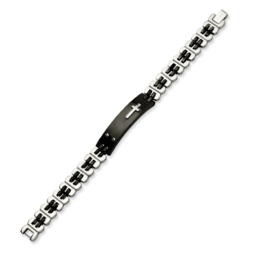 Stainless Steel and Black-plated ID Bracelet with Cross 8.5in
