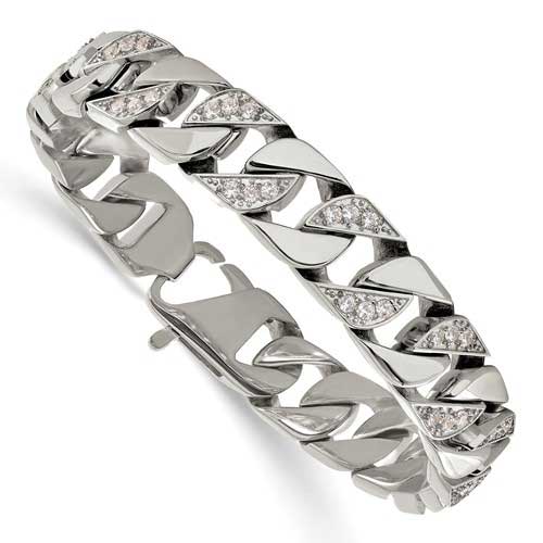 Stainless Steel Men's CZ Curb Link Bracelet 8.5in