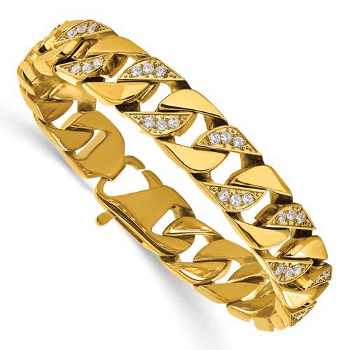 Yellow Ion-plated Stainless Steel Men's CZ Curb Link Bracelet 8.5in