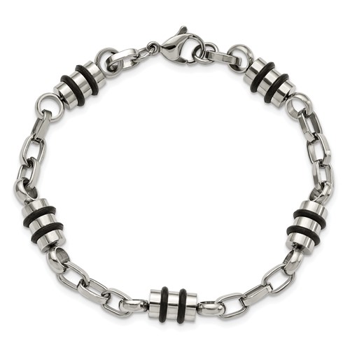 Stainless Steel 8in Rubber Accent Barrel Link Bracelet