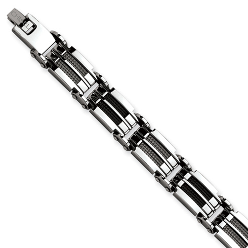 Stainless Steel 8 1/2in Black-plated Bracelet with Wire Accents