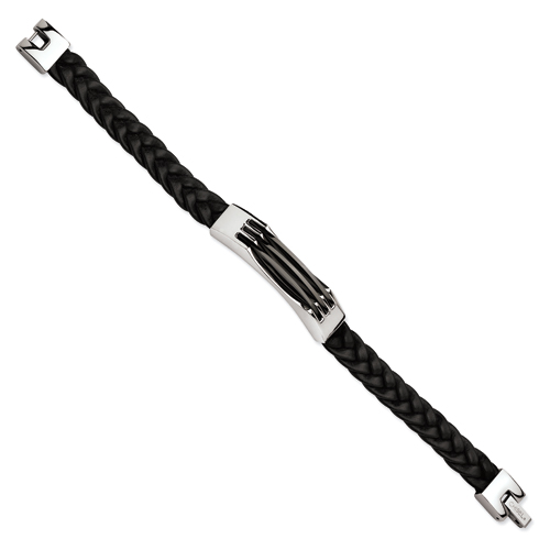 8 1/2in Stainless Steel Woven Black Leather Acrylic Bracelet