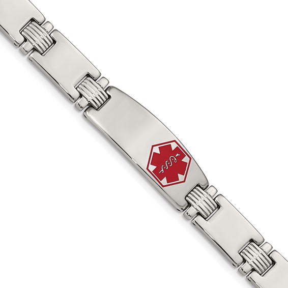 8.25in Stainless Steel Polished Red Enamel Medical Bracelet