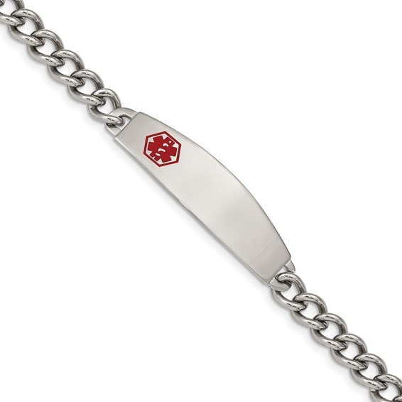 8.5in Stainless Steel Red Enamel Curb Medical Bracelet