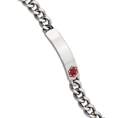 9.5in Stainless Steel Red Enamel Curb Medical ID Bracelet