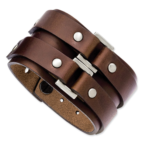 9 1/4in Stainless Steel Brown Leather Bracelet with Metal Accents