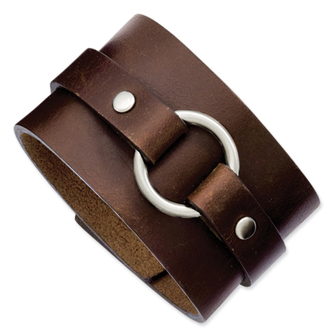 8 3/4in Stainless Steel Wide Brown Leather Cuff Bracelet with Buckle