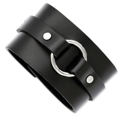 Stainless Steel 8 3/4in Wide Leather Cuff Bracelet with Buckle