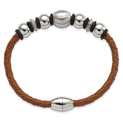 8 1/4in Brown Leather Bracelet with Brushed Steel Beads