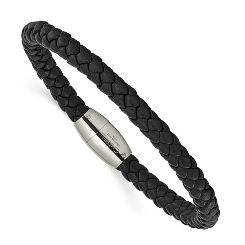 Woven Black Leather 8 1/2in Bracelet Stainless Steel Magnetic Clasp