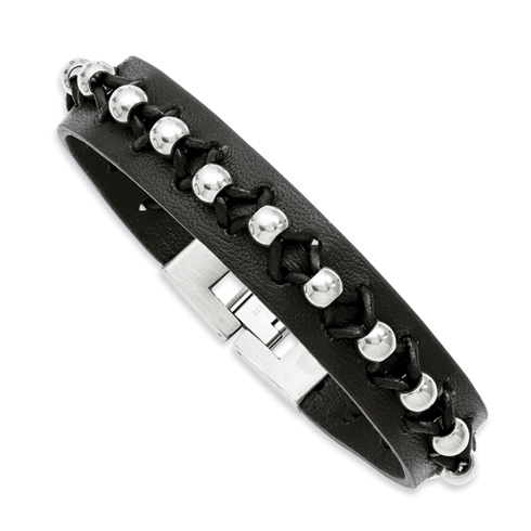 8 1/2in Black Leather Bracelet with Polished Steel Beads