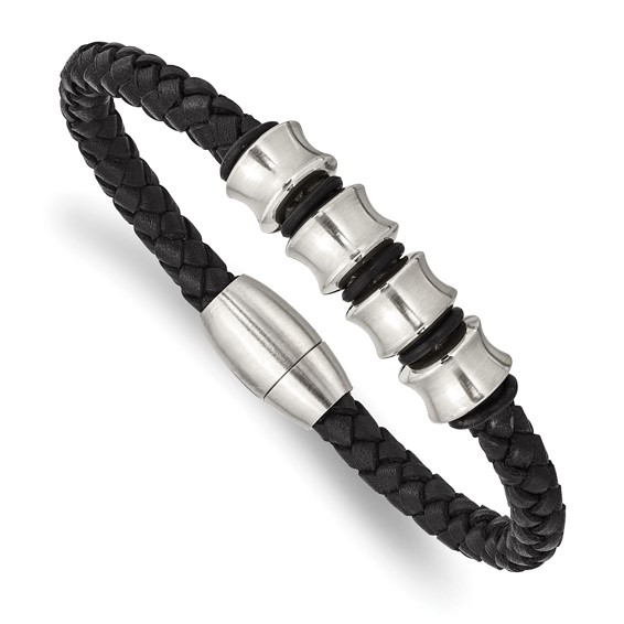 8 1/2in Black Leather Bracelet with Concave Steel Accents