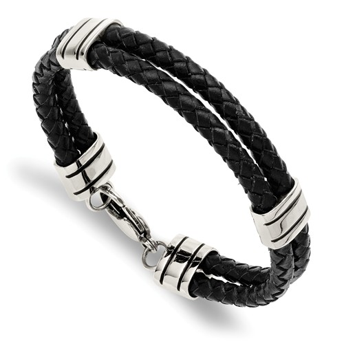 Stainless Steel Black Leather Two Strand Bracelet 9in