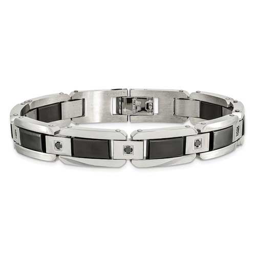 Stainless Steel Men's 1/2 ct tw Black Diamond Enamel Bracelet 8.75in