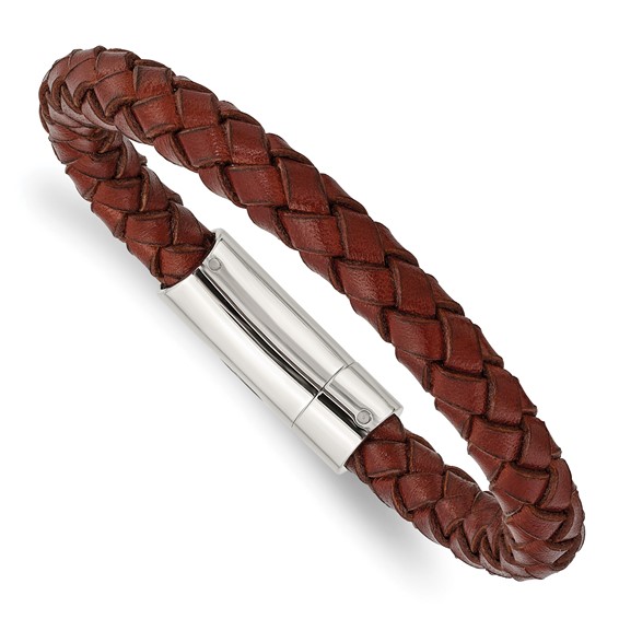 8 1/2in Stainless Steel Woven Brown Leather Bracelet with Push Clasp