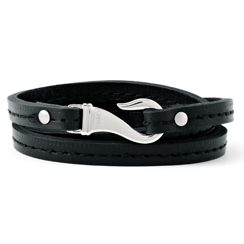 8 1/2in Black Leather Wrap Bracelet with Hook Clasp