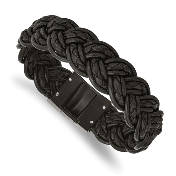 8in Black Plated Stainless Steel Woven Black Leather Bracelet