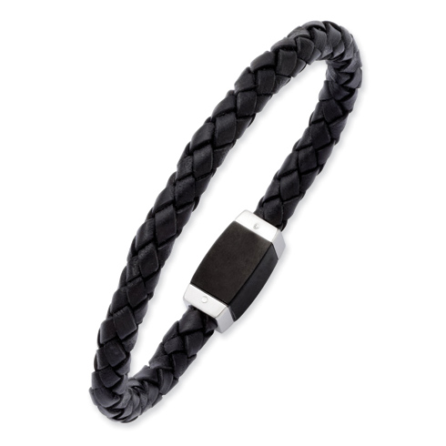 8 1/2in Woven Black Leather Bracelet with Two Tone Steel Clasp