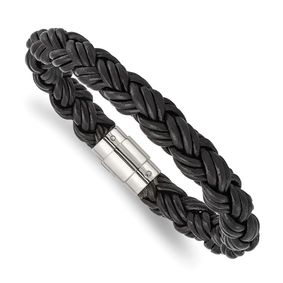 8 1/2in Stainless Steel Triple Woven Black Leather Bracelet