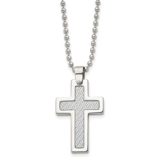 Stainless Steel Gray Carbon Fiber Cross 1 1/8in with Bead Chain