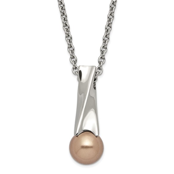 Stainless Steel 18in Champagne Simulated Pearl Necklace