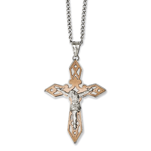 Stainless Steel 2 1/4in Chocolate-plated Crucifix Necklace