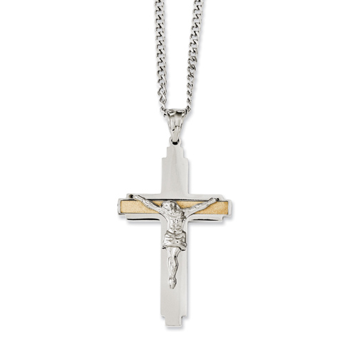 Stainless Steel 2in Gold-plated Laser Cut Crucifix Necklace