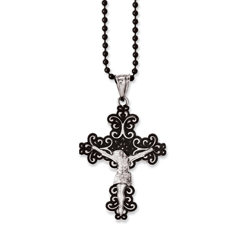Stainless Steel 1 1/2in Black-plated Fancy Crucifix Necklace